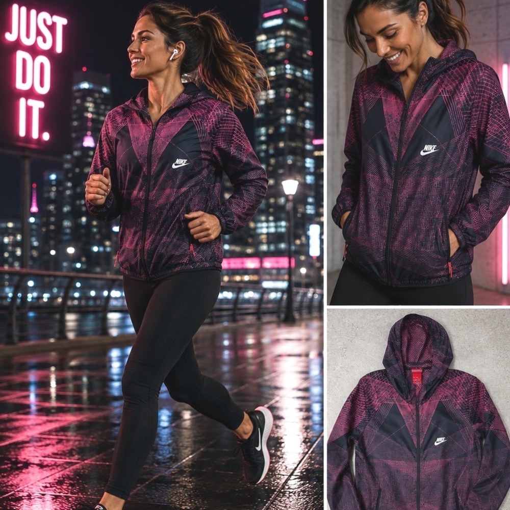 Nike Womens Windrunner Hooded Jacket Geometric Pink Black Full Zip Mesh Size M